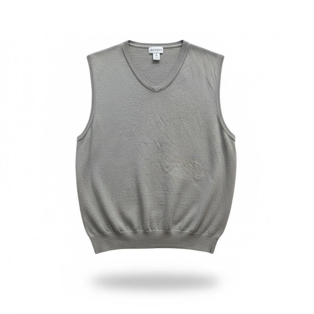 Vintage Alfani Merino Wool V Neck Vest Sweater Gray Men XL Italy Fit Like Large